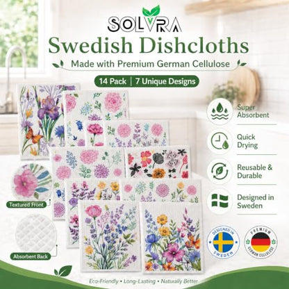 14 PCS Flower Print Swedish Dishcloths for Kitchen 100% Biodegradable, Reusable Cellulose Sponge Cloths Ultra Absorbent, Eco Friendly Cleaning Towels Dishcloths for Washing Dishes & General Cleaning - color: 14 Pcs-flowers Print