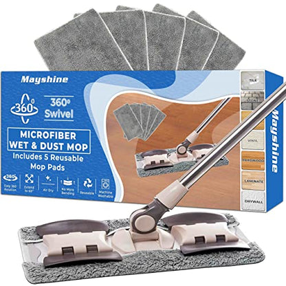 MAYSHINE Microfiber Hardwood Floor Wet and Dry Dust Mop w/ 5 Reusable Pads, 360 Spin Mop System | Use on Wood, Tile, Laminate, Vinyl and More | Flat Mop with 60" Extendable Stainless Steel Handle