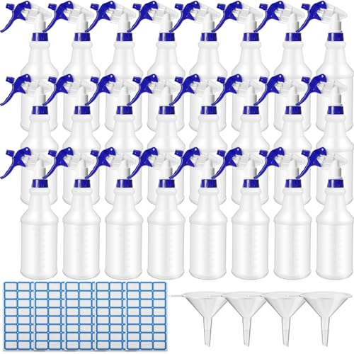 Zubebe 24 Pack 32 oz Plastic Spray Bottle Bulk Empty Leakproof Heavy Duty Spray Bottles for Cleaning Supplies Mist Bottles with Label and Adjustable Nozzle for Plant (Blue,Clear Scale) - color: Blue, style: Clear Scale