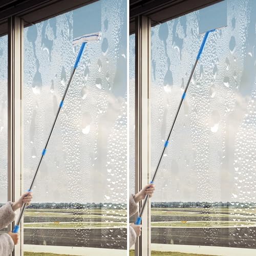 Mitclear Window Cleaner with Long Handle(57IN), Glass Cleaning Tools with Silicone Squeegee & Microfiber Scrubber, Window Cleaning Kit for Shower Glass Mirror Door Car - style: Window Cleaning Kit