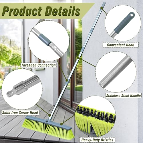 Upgraded 18" Push Broom with Adjustable Long Handle, Total Length is 55", Multi-Surface Floor Scrub Brush for Cleaning Deck, Patio, Garage, Driveway - size: 18" Push Broom + 55" Handle