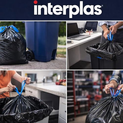 (50 Count) 44 Gallon Trash Bags with Drawstring, Heavy Duty Fits 40-45 Gallon Bins, 1.2 Mil Industrial Strength for Janitorial, Hotels & Commercial Kitchen Waste-Multipurpose use-By Interplas.