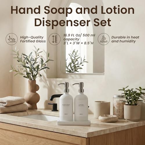 MaisoNovo Soap and Lotion Dispenser Set - Bathroom Soap Dispenser Set with White Soap Dispenser, Silver Pumps & Concrete Tray - color: White Bottles/ Silver Pumps/ White Concrete Tray