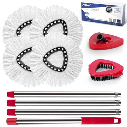 Spin Mop Head Replacement Handle Compatible with O Cedar EasyWring 1-Tank System, 4 Mop Replace Heads, 1 Mop Handle, 1 Base and 1 Scrub Brush Combo Set - size: 7pcs 1-Tank Mop Set