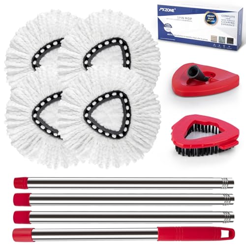 Spin Mop Head Replacement Handle Compatible with O Cedar EasyWring 1-Tank System, 4 Mop Replace Heads, 1 Mop Handle, 1 Base and 1 Scrub Brush Combo Set - size: 7pcs 1-Tank Mop Set