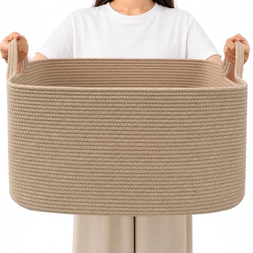 Large Blanket Basket,Woven Rope Basket Storage Bin with Handles,65L Rectangle Laundry Basket for Magazines,Toys,Clothes,Newspaper Shelf Organization,Nursery and Living Room,Jute - color: Jute, size: 21"x16"x12"(65L)
