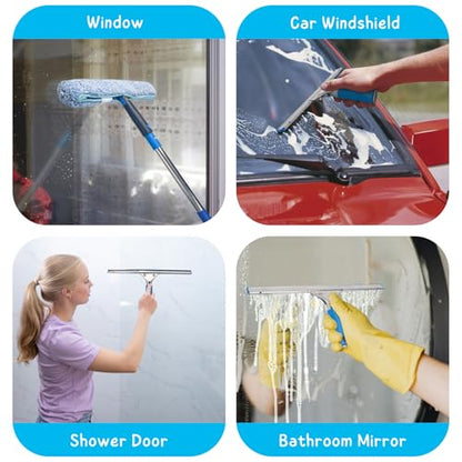 Window Squeegee with Scrubber for Home and Outdoor Glasses Cleaning, 6 Ft Long Handle 2 in 1 Professional Window Washing Kit with Replacement Rubber Blade, Car Windshield Cleaner Tool