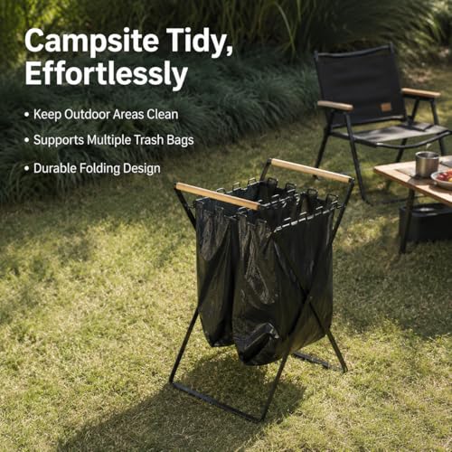 Metal Folding Trash Bag Holder with Wooden Handles, Portable Rubbish Stand for 30-45 Gallon Bags, Heavy Duty Refuse Sack Frame Garbage Holder for Garden Waste, Camping and RV