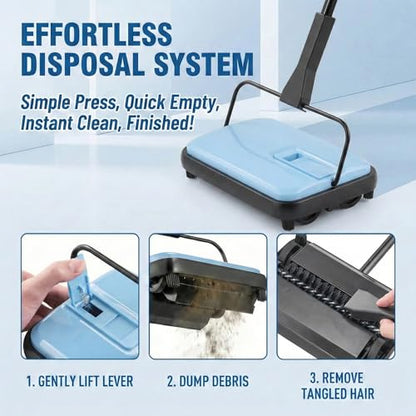 Manual Carpet Sweeper, Electric-Free Quiet Floor Sweeper with 300ml Easy-Empty Dustbin, 6.7” Cleaning Width for Pet Hair, Crumbs, Dust on Carpets, Hardwood, Tile - Home & Office Use (Blue) - color: Blue
