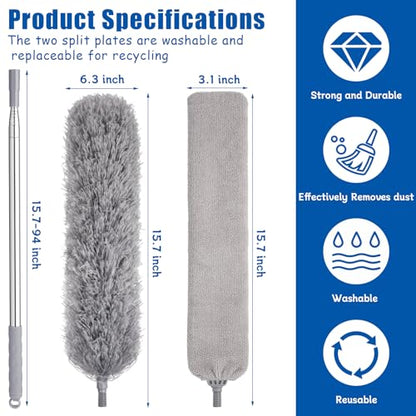 Feather Duster Set (4 Pieces), 30-100 inch Microfiber Retractable Gap Duster for Cleaning Ceilings, Furniture Refrigerators and Under Sofas | Bendable Head for Corner Cleaning, Washable Reusable Duster, Household Tool for Ceiling Furniture Under Sofa - co