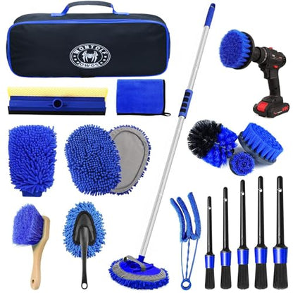 Wontolf 62'' Car Wash Brush Kit with Long Handle, Microfiber Car Wash Mop Mitt, Car Cleaning Detailing Kit, Exterior Interior Car Cleaning Supplies for Cars RV Truck Boat - color: Blue-18pcs