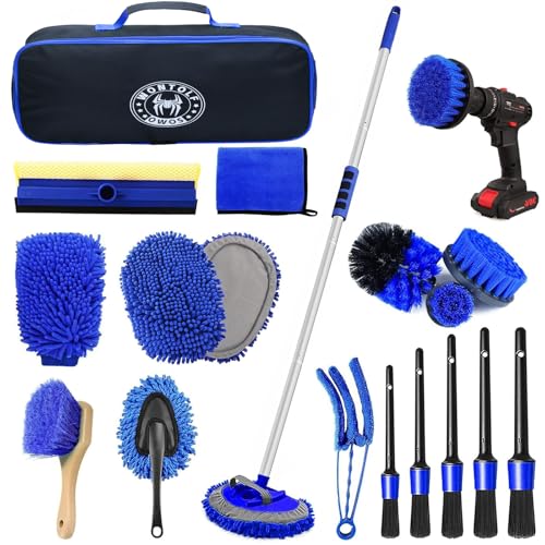 Wontolf 62'' Car Wash Brush Kit with Long Handle, Microfiber Car Wash Mop Mitt, Car Cleaning Detailing Kit, Exterior Interior Car Cleaning Supplies for Cars RV Truck Boat - color: Blue-18pcs