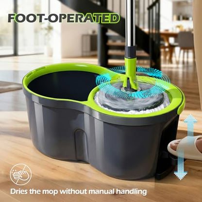 Spin Mop Bucket System,Masthome Pedal Spin Mop and Bucket with Wringer Set,EasyWring Microfiber Mop with 3 Mop Pads,360°Spinning Floor Cleaning System - Home & Office Suitable - color: Green+dark Grey