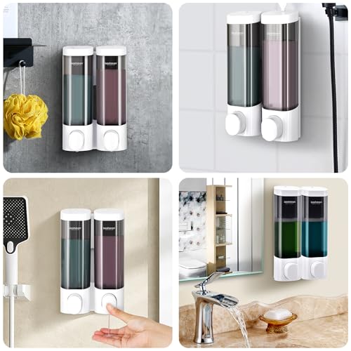 2 in 1 Shower Soap Dispenser, 2×300 ml Chamber Shampoo and Conditioner Dispenser Shampoo Dispenser for Shower Wall Mounted Shower Pump Soap Dispenser for Bathroom Kitchen (2 Chamber + White) - color: 2 Chamber + White