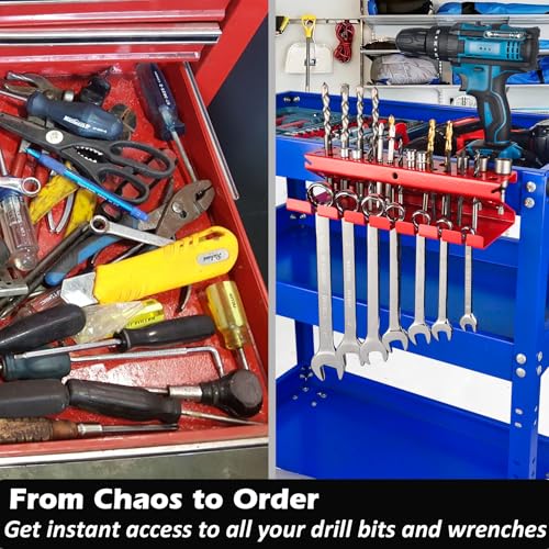 MUTUACTOR Magnetic Wrench Holder Heavy Duty,Anti-slip Magnetic Mount Drill Bits Holders,2 Layers Magnet Drill Bit Wrench Rack for Work Bench Toolbox Tool Cart,1PCS,Red,26 Holes and 7 Slots - style: Red Drill Bits Wrench Holder