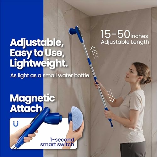 2026 Upgraded Electric Spin Scrubber: 120 Min Runtime, IPX7 Waterproof Cordless Power Scrubber, Adjustable Extension Handle, 8 Heads, 2 Speeds for Shower, Tub, Tile & Floor