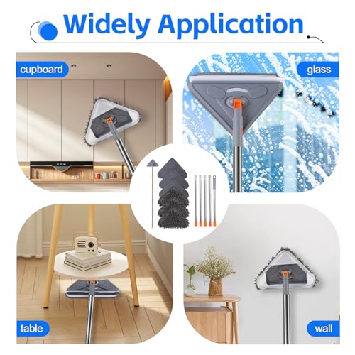 Wall Mop with 80 Inches Long Handle, Wall Cleaner Mop Tool for Window/Walls/Ceiling Fans/Dust/Baseboard/Floors Clean, 360° Ceilings Cleaner Tool Duster with Squeegee 6 Replacement Pads