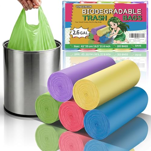 2.6 Gallon Trash Bag With-Handles - Colorful Small Garbage Bags For Bathroom Can 200 Count Biodegradable Unscented Kitchen Car Office Little Wastebasket Liners 10 Liter Strong Thick Bulk - color: 2.6 gal Colorful 200
