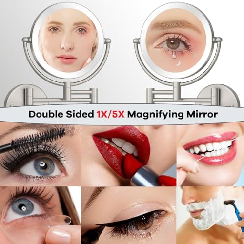 8 Inch Rechargeable Brass Lighted Magnifying Mirror Wall Mounted, 1X/5X Double-Sided Bathroom Personal Makeup Mirror with Light, Brushed Nickel - color: Brushed Nickel