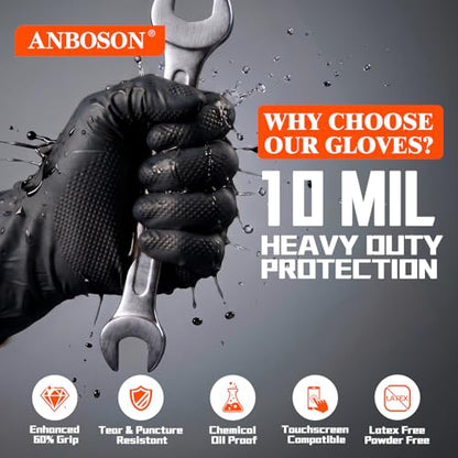 ANBOSON 10mil Nitrile Gloves Disposable Black Chemical-Resistant Rubber - Mechanic Gloves Heavy Duty, Latex Free, Diamond Grip (500, Medium) - color: Black-500, size: Medium