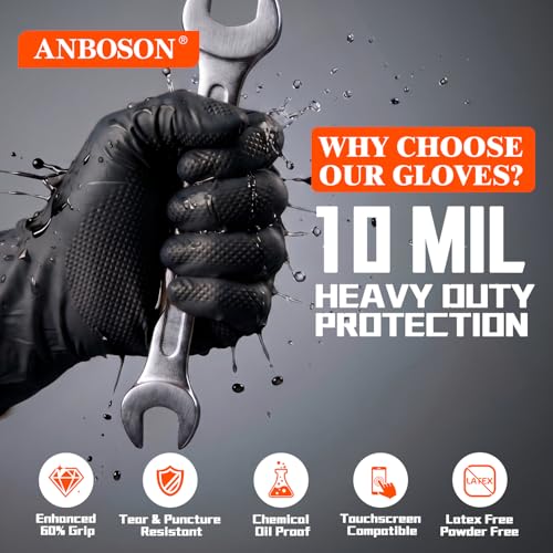 ANBOSON 10mil Nitrile Gloves Disposable Black Chemical-Resistant Rubber - Mechanic Gloves Heavy Duty, Latex Free, Diamond Grip (500, X-Large) - color: Black-500, size: X-Large