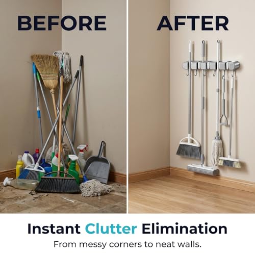 Wall Mounted Mop and Broom Holder, 4 Racks with 5 Hooks, Vacuum Suction Cup Design, Rust-Proof ABS Organizer for Kitchen Bathroom Garage Laundry Room (Grey)