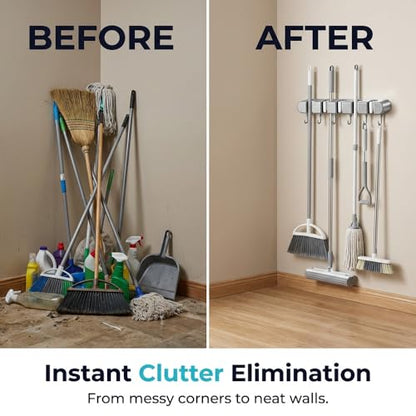 Wall Mounted Mop and Broom Holder, 4 Racks with 5 Hooks, Vacuum Suction Cup Design, Rust-Proof ABS Organizer for Kitchen Bathroom Garage Laundry Room (Grey)