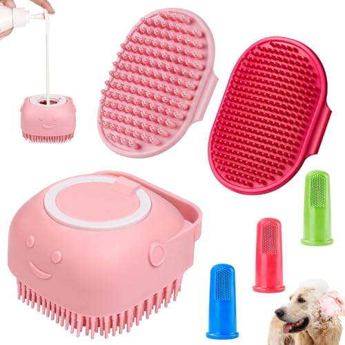 Comotech 6PCS Dog Bath Brush & Dog Toothbrush | Adjustable Handle Shampoo Brush & Scrubber for Short & Long Haired Dogs & Cats | Effectively Solve Odor & Stain Removal Problems (Pink Red Pink) - color: Pink Red Pink