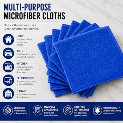 Iron Ridge Microfiber Cleaning Cloths 6-Pack, Blue, 12x12, 300 GSM | Reusable, streak-free performance for glass, kitchens, vehicles, electronics, workspaces, and everyday tasks - color: Blue