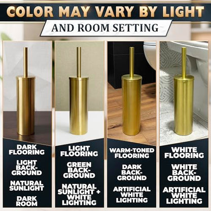 Gold Toilet Brush and Holder Set - Stainless Steel Gold Toilet Bowl Brush and Holder with Replaceable Head, Removable Inner Bowl, and Splash Guard - Dense Bristles for Thorough Cleaning - color: Gold