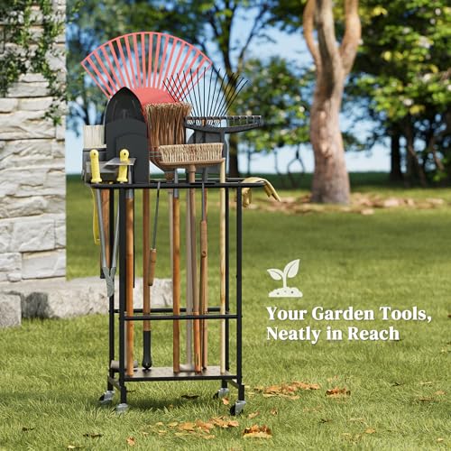 Garden Tool Organizer with Wheels, Yard Tool Rack Heavy Duty Steel Tool Organizer and Storage Holder Broom Holder for Garage, Shed, Patio, Indoor/Outdoor - style: Rack with Wheels