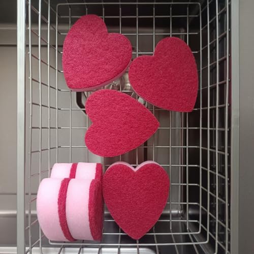 Heart Shaped Sponge, Dual-Sided Kitchen Scrubber for Washing Dishes, Pots, Pans and General Household Cleaning, Pink (6 Pack) - color: Pink