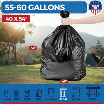 Fuxury 55-60 Gallon Trash Bags 150 Count Black Garbage Bags, 40x54" Extra Large Trash Can Liners, 0.7 Mil Plastic Bags for Serious Garbage Cleanup Home, Yard & Commercial Use, Made in USA - color: 60Gal-150Ct(Black)