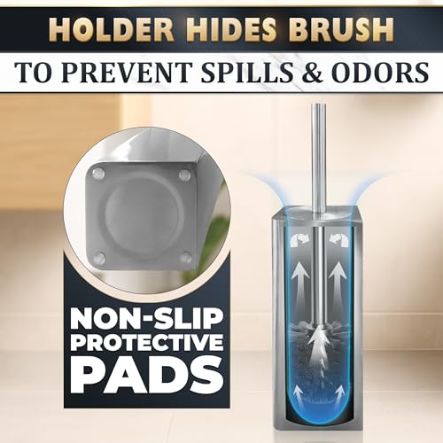 Silver Toilet Brush and Holder Set - Upgrade Your Bathroom in Seconds - Stainless Steel Toilet Bowl Brush and Holder with 2 Rounded Corners, Replaceable Head, Removable Inner Bowl & Splash Guard Cover - color: Silver Squircle
