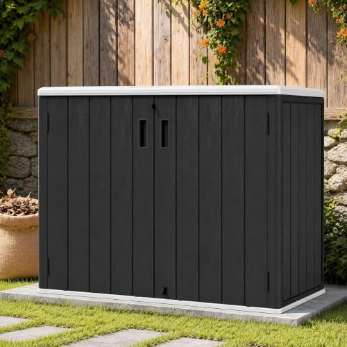 ADDOK 31 Cu.ft Horizontal Outdoor Storage Shed with Floor, Waterproof HDPE Resin Storage Cabinet with Lockable Lid and Double Doors, Patio Storage Shed for Lawn Mower, Garden Tools, Pool Supplies - size: AllBlack-31 Cu.Ft