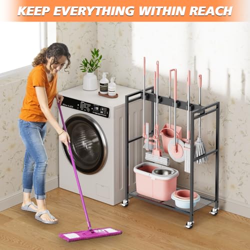 Broom and Mop Holder, MUNNAR Broom Closet Storage Cabinet, Cleaning Cart with Broom and Mop Hanger, Janitorial Cart with Wheels for Household, Laundry Room Organization - size: 24.8" x 13" x 34.2"