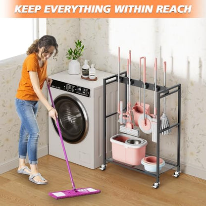 Broom and Mop Holder, MUNNAR Broom Closet Storage Cabinet, Cleaning Cart with Broom and Mop Hanger, Janitorial Cart with Wheels for Household, Laundry Room Organization - size: 24.8" x 13" x 34.2"