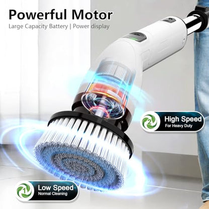 TUYU Electric Spin Scrubber, Full-Body IPX7 Waterproof Bathroom Scrubber,4 Replacement Head for Adjustable Extension Handle Electric Cleaning Brush for Bathroom, Tub, Tile