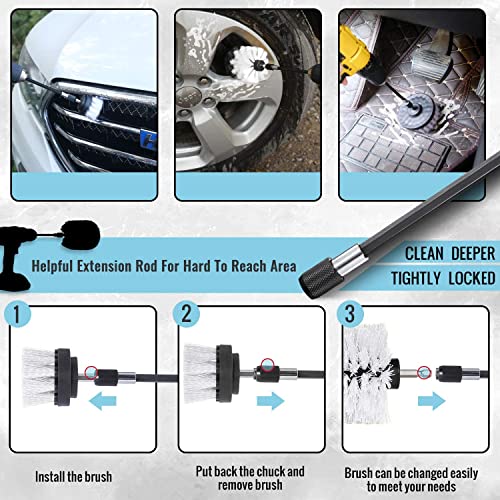 HUAWELL 8 Piece Soft White Drill Brush with Extend Attachment Set-Car Interior Detailing Kit, All Purpose for Car, Boat, Seat, Carpet, Upholstery, Bathroom, Grout, Floor and Tile (White) - color: White
