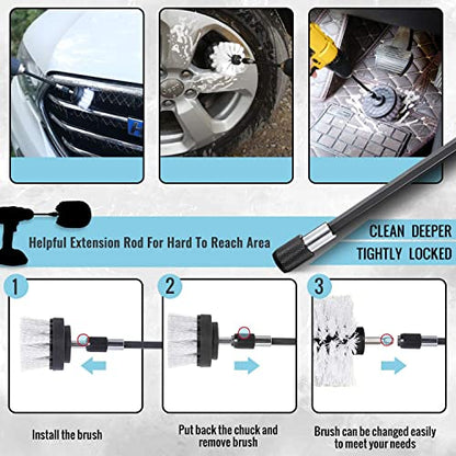 HUAWELL 8 Piece Soft White Drill Brush with Extend Attachment Set-Car Interior Detailing Kit, All Purpose for Car, Boat, Seat, Carpet, Upholstery, Bathroom, Grout, Floor and Tile (White) - color: White