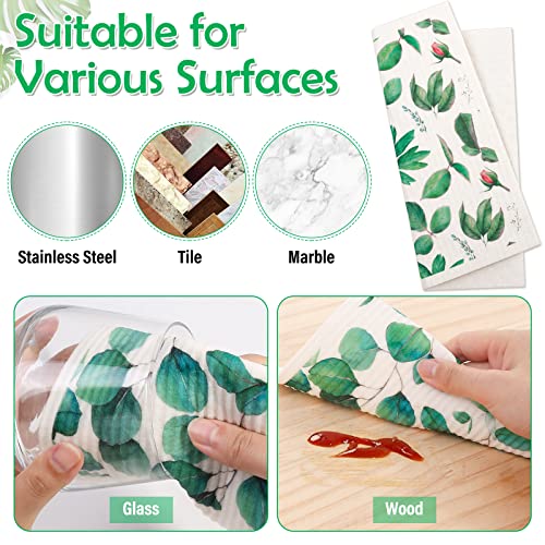Lucomb 8 Pack Swedish Dish Cloths Washable, Reusable Cleaning Kitchen Paper Towel Sponge Dishcloths, Fast Drying Absorbent Hand Wipes Odorless Tea Towel for Kitchen Home Bar (Plants) - color: Green Plants