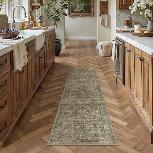 HUGEAR 2x6 Runner Rug Mossy Vintage Machine Washable Area Rug Room Decor Hallway Rugs Distressed Low Pile Carpet Non Slip Rugs for Kitchen Laundry Living Soft Lightweight - color: Mossy, size: 2' x 6' (Runner)