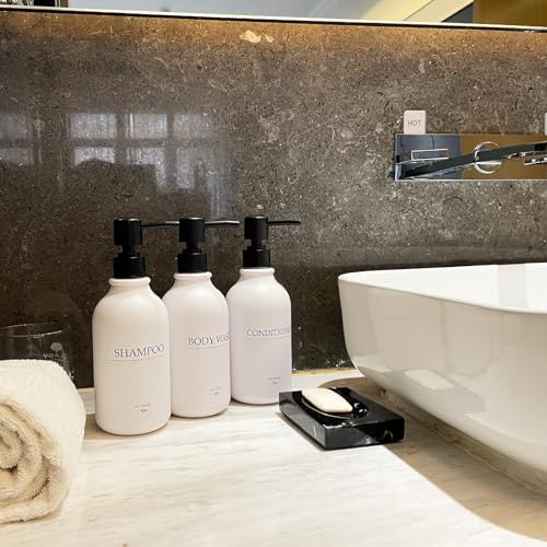 Shampoo Dispenser for Shower Wall, Shampoo and Conditioner Dispenser with 16 Waterproof Labels, No Drill Shower Soap Dispenser Bathroom, Shower Soap Dispenser Wall Mounted,17oz, 3 Pack, Black White - color: 1-white Bottle + Black Pump