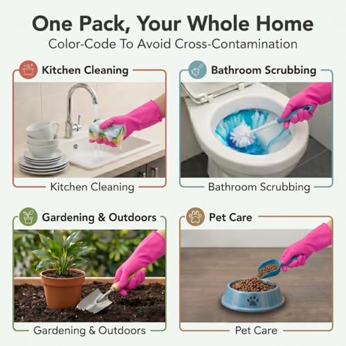 ForPro Natural Rubber Gloves, 6 Pairs Reusable Multi-Purpose Household Cleaning Gloves with Soft Inner Lining, Waterproof & Chemical-Resistant, Cotton Candy, Small - color: Cotton Candy, size: Small