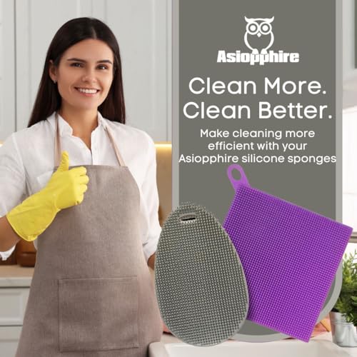 Silicone Dish Sponge Dish Scrubber (Oval and Square) - Dual-Sided, Food Grade Silicone Sponges for Dishes and Housecleaning 2-Pack - color: 2 Pack Grey + Purple