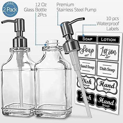JASAI 2Pack Antique Design Glass Soap Dispenser with Rust Proof 304 Stainless Steel Pump, Refillable Hand Soap Dispenser with 10Pcs Stickers, Premium Soap Dispensers for Kitchen & Bathroom (Clear) - color: 2 Pack Silver