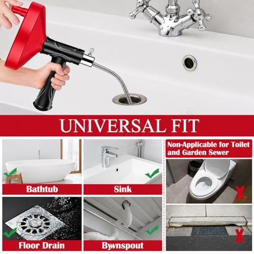 Drain Snake Auger 33 Ft, Plumbing Snake Drain Hair Clog Removal Tool, Heavy Duty Snake Auger, Sink Unclogger Drain Cleaner Tool for Bathroom Kitchen Tub Shower Drain Clog Remover with Gloves, Red