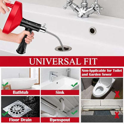 Drain Snake Auger 33 Ft, Plumbing Snake Drain Hair Clog Removal Tool, Heavy Duty Snake Auger, Sink Unclogger Drain Cleaner Tool for Bathroom Kitchen Tub Shower Drain Clog Remover with Gloves, Red