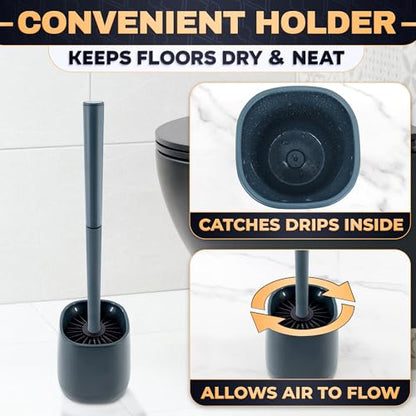 Toilet Brush and Holder Set - Silicone Toilet Brush Cleaner with Dark Grey Holder Base, Compact Accessory for Small Spaces - Easy to Place & Simple to Store After Use, Plastic Bathroom Cleaning Tool - color: Gray
