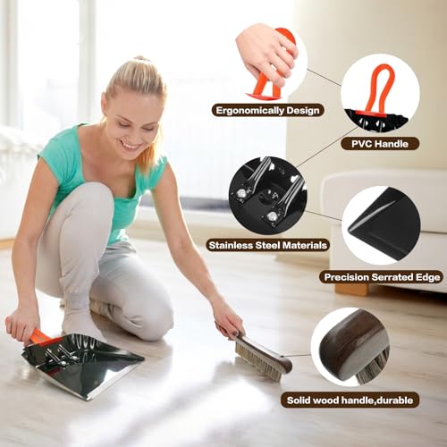 12 Inch Metal Dustpan and Brush Set,Steel Dust Pan Brush Set with PVC Handle and Wood Broom for Indoor/Outdoor, Ashes, Glass, Pet Food - Industrial & Commercial Use